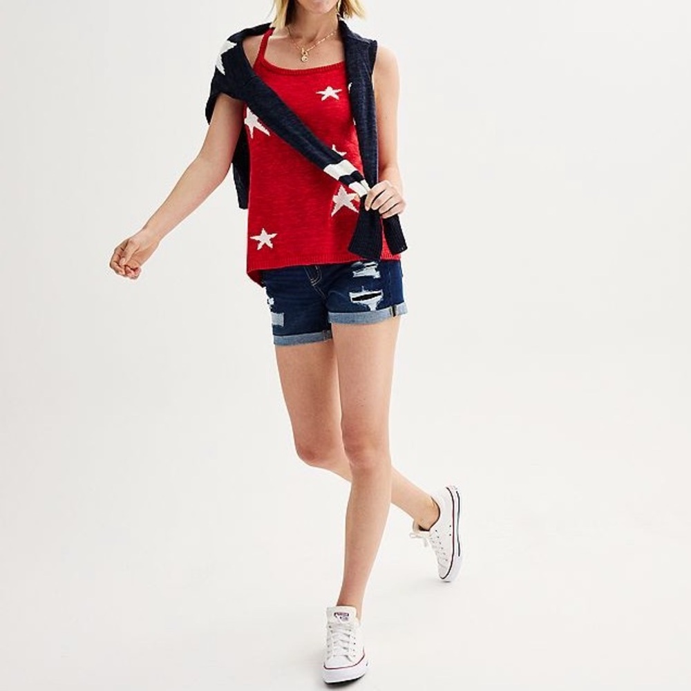 #83 Freshman 1996 Starry Americana Red Knit Crossback Sweater Juniors Tank Top - Picture 9 of 13